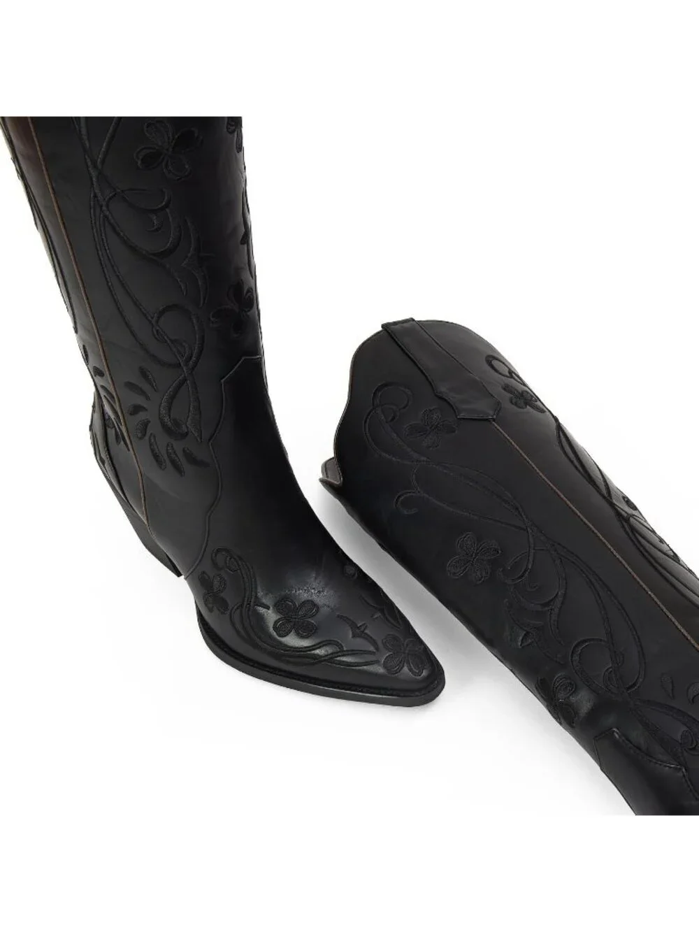 Women's Black pu Knee High Floral Embroidered Vintage Cowgirl Boots